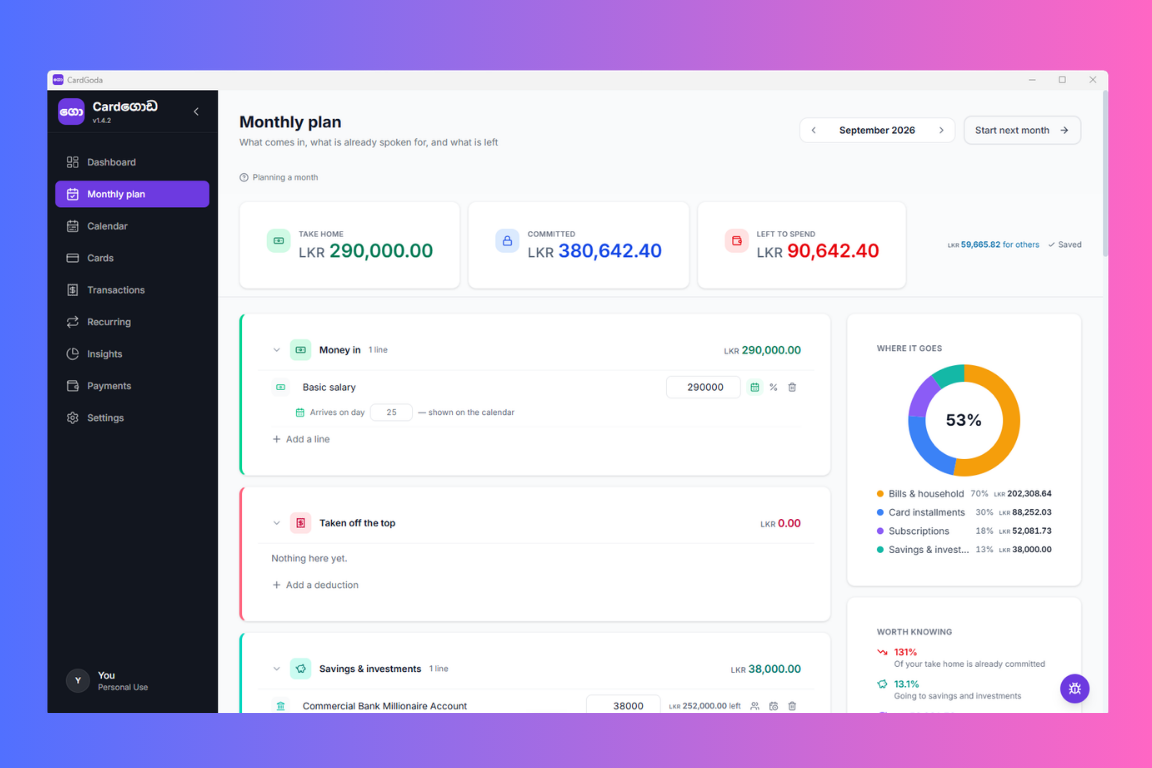 The Monthly plan screen: take home, committed and left to spend, with a breakdown of where the money goes