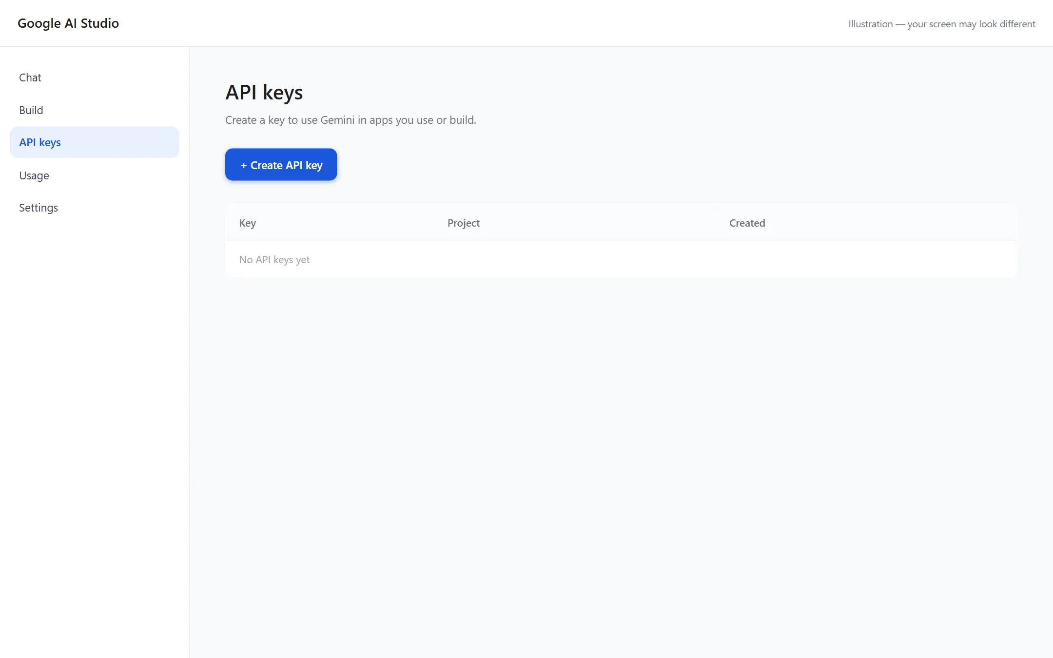 An illustration of the API keys page in Google AI Studio.