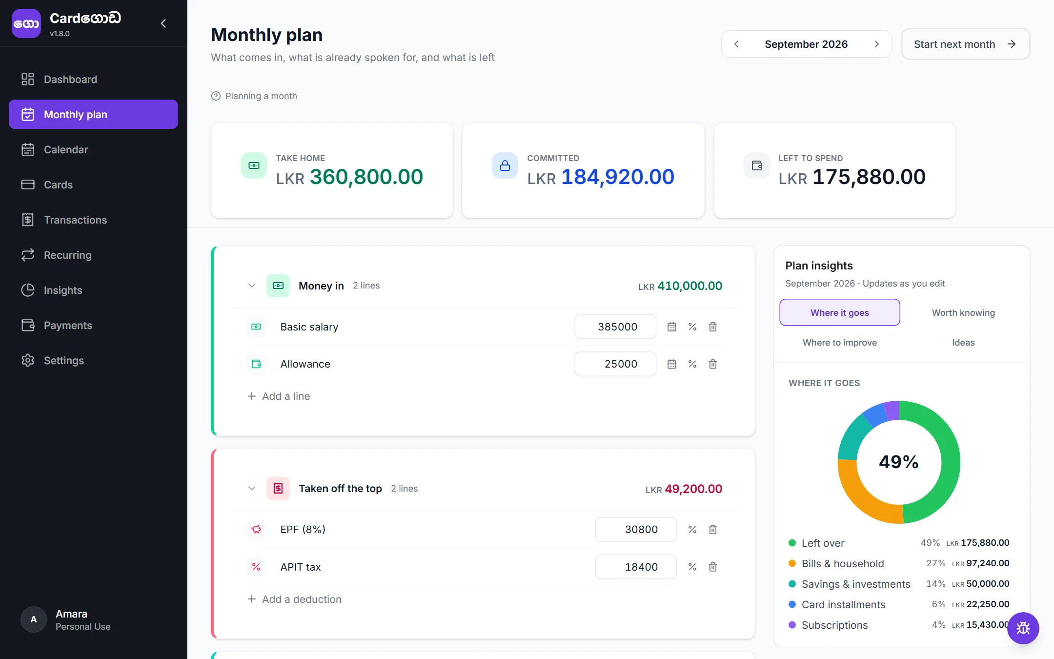 The Monthly plan in Cardගොඩ: take home, committed and left to spend